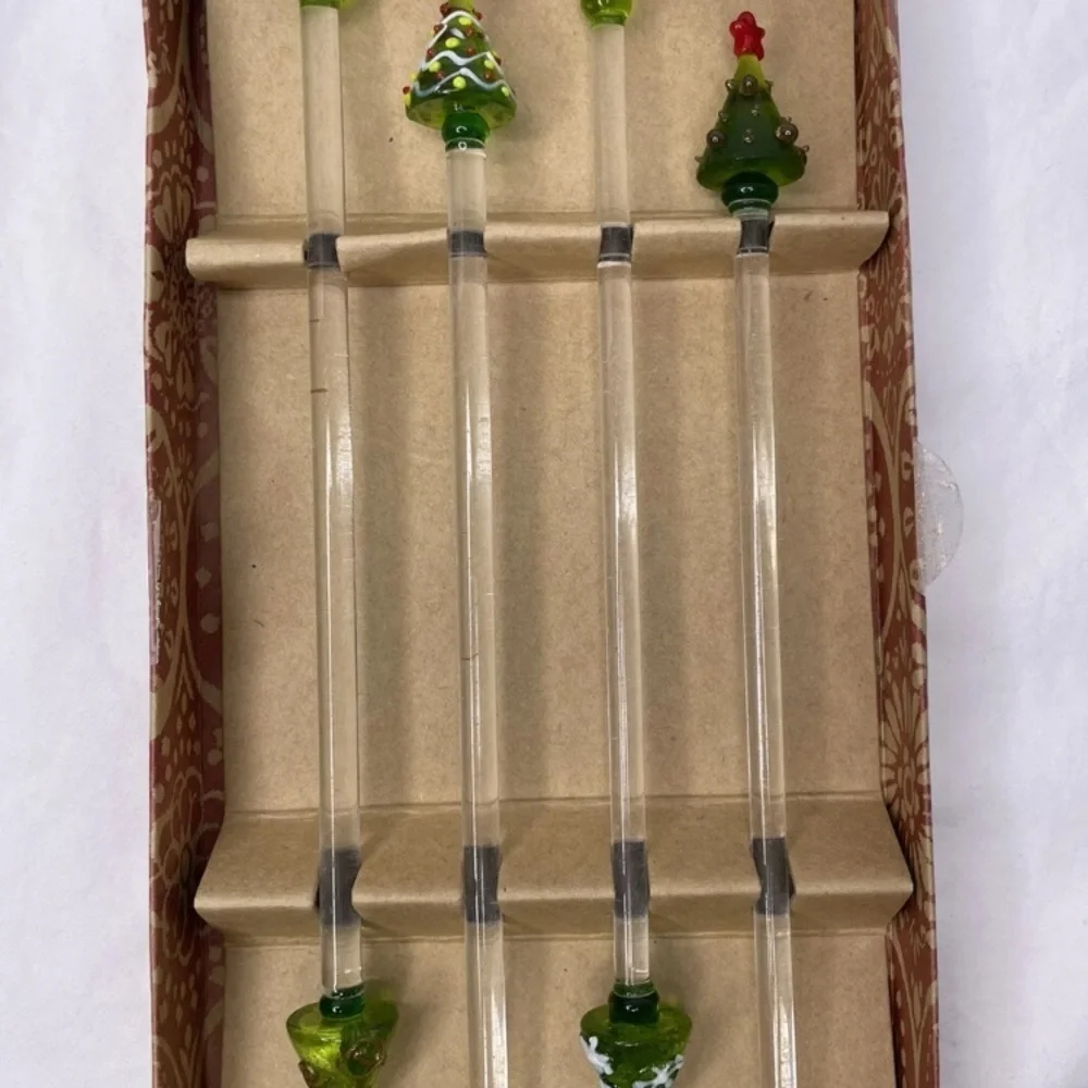 Pier 1 Christmas Tree Decorative Glass Swizzle Drink Set Of 4 Stir Sticks 8”